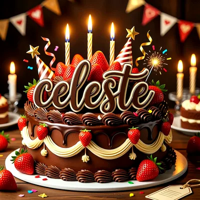 Tarta de cumpleaños de chocolate decorada con fresas frescas, velas encendidas y un letrero con el nombre Celeste en primer plano.