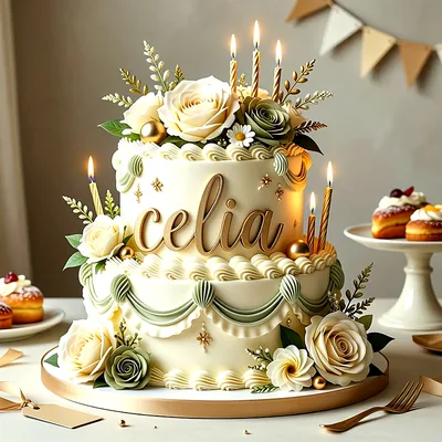 Tarta de cumpleaños de dos pisos en tonos crema y verde con rosas blancas, velas encendidas y el nombre Celia escrito en letras grandes al frente.