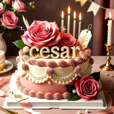 Tarta de cumpleaños elegante en tonos rosa y crema con rosas grandes, velas encendidas y perlas, con el nombre Cesar decorado al frente.