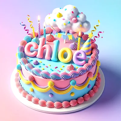 Tarta de cumpleaños infantil con base azul y rosa, decorada con nubes, velas y el nombre Chloe en letras de colores sobre la superficie.