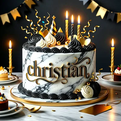 Tarta de cumpleaños con efecto de mármol, decorada con crema negra, velas doradas y adornos brillantes. El nombre Christian aparece escrito en letras doradas sobre el frente de esta tarta.