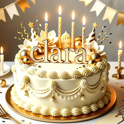 Tarta de cumpleaños blanca y dorada con flores, esferas de oro, velas encendidas y el nombre Clara en letras doradas grandes.