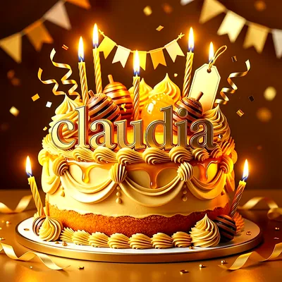 Tarta dorada de cumpleaños con velas encendidas, guirnalda de banderines y el nombre Claudia escrito en letras tridimensionales.