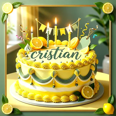 Tarta de cumpleaños decorada con limones amarillos frescos, velas encendidas y banderines, con el nombre Cristian escrito claramente en el centro sobre el glaseado amarillo.