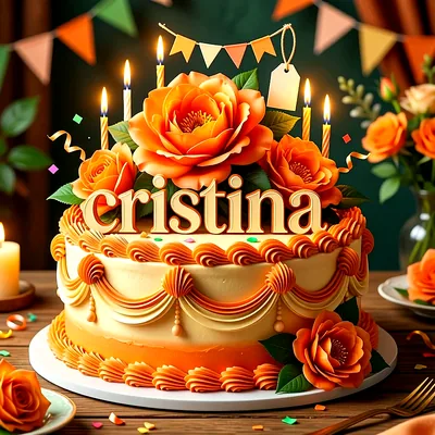 Tarta de cumpleaños decorada en crema y naranja con grandes rosas, velas encendidas y el nombre Cristina al frente.
