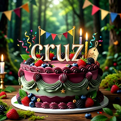 Tarta de cumpleaños decorada con fresas, moras y velas, con guirnaldas de colores y el nombre Cruz escrito en letras doradas grandes en la parte superior.