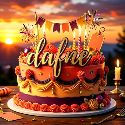Tarta de cumpleaños decorada en tonos naranja y lila con velas encendidas, banderines de colores y el nombre Dafne escrito en letras doradas.