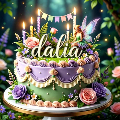 Tarta de cumpleaños decorada con flores rosas y lilas, velas encendidas, una figura de hada y el nombre Dalia escrito en letras grandes sobre la superficie superior.