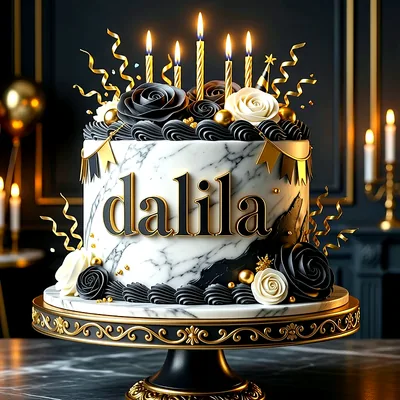 Tarta de cumpleaños elegante con efecto mármol en blanco y negro, decorada con rosas, velas doradas encendidas y el nombre Dalila escrito al frente.