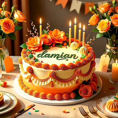 Tarta de cumpleaños elegante en color beige y naranja, decorada con rosas naranjas, velas encendidas y el nombre Damian escrito en letras verdes.