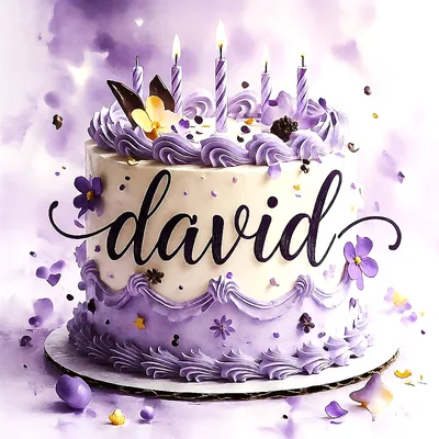Tarta de cumpleaños decorada en tonos lila y blanco con flores y velas encendidas, mostrando el nombre David escrito en el centro con un estilo elegante y festivo.