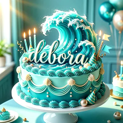 Tarta de cumpleaños de color azul y turquesa decorada con olas de mar de azúcar y velas encendidas, con el nombre Debora escrito al frente.