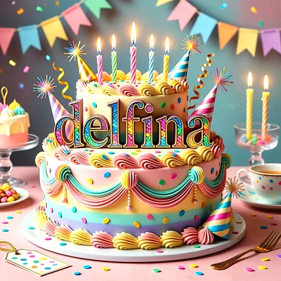Tarta de cumpleaños de dos pisos con colores vivos, decorada con velas encendidas, gorros de fiesta, confeti y el nombre Delfina escrito en letras grandes y coloridas al frente.