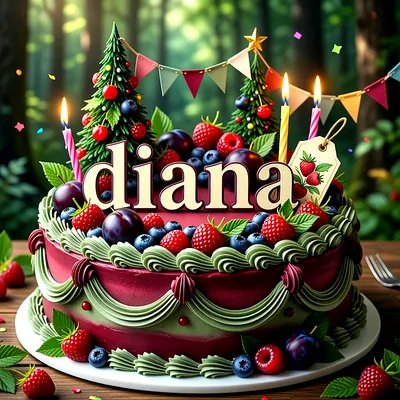 Tarta de cumpleaños decorada con fresas, arándanos, pequeños árboles verdes y velas encendidas, con el nombre Diana escrito al frente en letras claras.