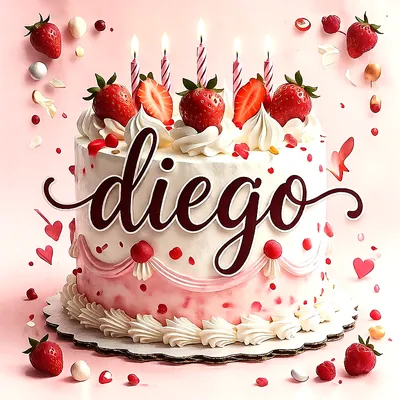 Tarta de cumpleaños de color rosa y blanco decorada con fresas frescas y velas encendidas, con el nombre Diego escrito en letras grandes y elegantes en el frente.