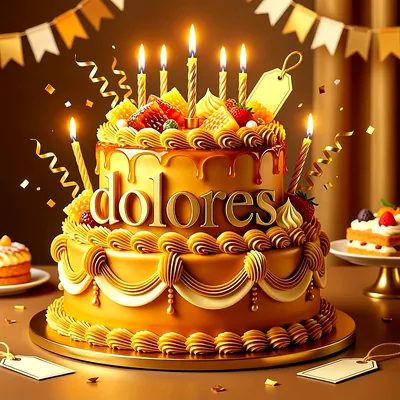 Tarta de cumpleaños de dos pisos en tonos dorados y caramelo con muchas velas encendidas, frutas encima y el nombre Dolores escrito en letras grandes al frente.