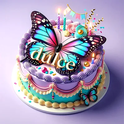 Tarta de cumpleaños lila y azul decorada con mariposas grandes y velas encendidas, con el nombre Dulce en letras doradas.