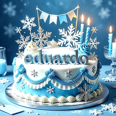 Tarta de cumpleaños de color azul y blanco con decoración de copos de nieve, velas encendidas y guirnaldas, con el nombre Eduardo escrito en letras grandes y plateadas.