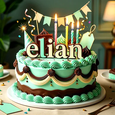 Tarta de cumpleaños de color verde menta y chocolate con velas encendidas, banderines de colores y el nombre Elian escrito en el centro.