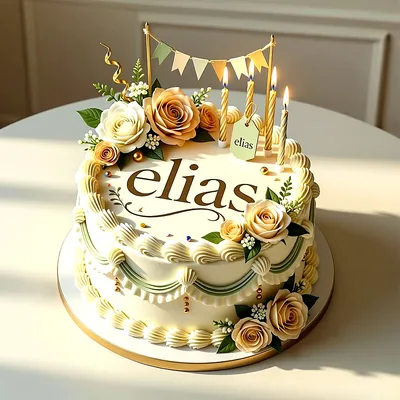 Tarta de cumpleaños blanca y crema decorada con rosas beige, velas encendidas, guirnalda y el nombre Elias en el centro.