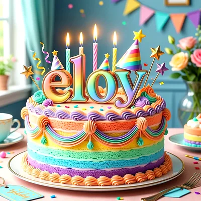 Tarta de cumpleaños multicolor con el nombre Eloy escrito arriba, decorada con velas encendidas, estrellas brillantes y adornos festivos sobre una mesa preparada para una fiesta infantil.