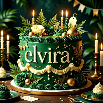 Tarta de cumpleaños verde con flores, esferas doradas y velas encendidas, con el nombre Elvira escrito al frente en letras claras.