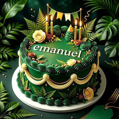 Tarta de cumpleaños verde decorada con hojas, flores doradas, velas y el nombre Emanuel escrito en el centro en letras claras.