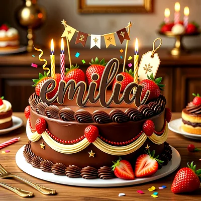 Tarta de cumpleaños de chocolate con fresas frescas, velas encendidas y pequeños banderines con el nombre Emilia escrito en relieve.
