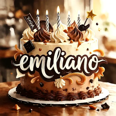 Tarta de cumpleaños decorada con crema, chocolate, caramelos, estrellas, velas encendidas y el nombre Emiliano escrito en la parte frontal.