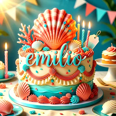 Tarta de cumpleaños decorada con conchas marinas y estrellas de mar en tonos azul y rosa, con el nombre Emilio escrito al frente.