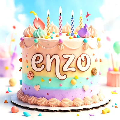 Tarta de cumpleaños infantil en tonos pastel con el nombre Enzo en el frente y velas encendidas en la parte superior.