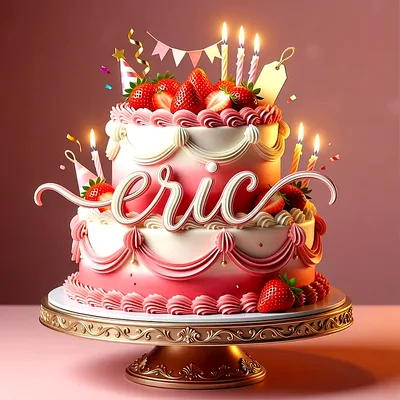 Tarta de cumpleaños de dos pisos con colores rosa y blanco, decorada con muchas fresas frescas, velas encendidas y el nombre Eric escrito en letras blancas al frente.
