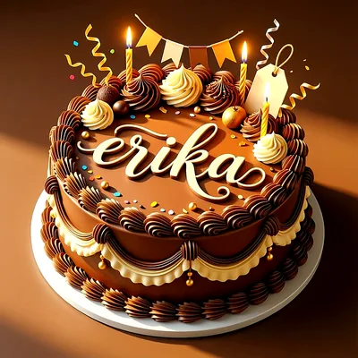 Tarta de cumpleaños de chocolate decorada con velas encendidas, crema de vainilla y el nombre Erika escrito con letras de color crema al centro.