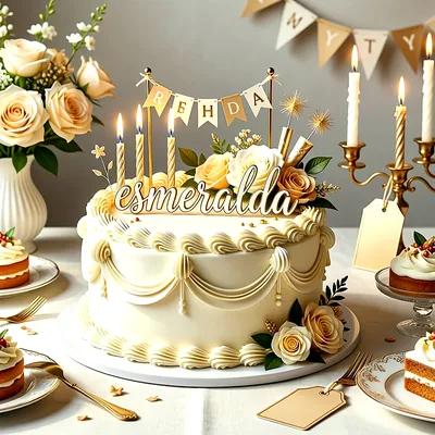 Tarta de cumpleaños blanca con rosas beige, velas doradas encendidas y un letrero con el nombre Esmeralda escrito en letras elegantes.
