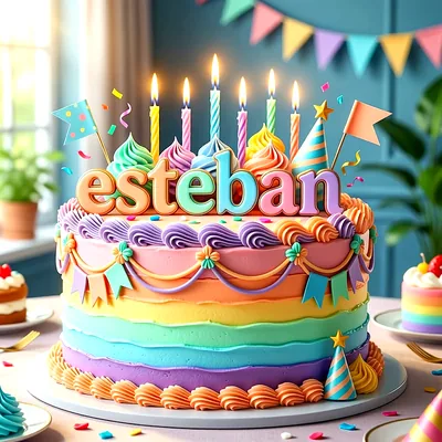 Tarta de cumpleaños infantil de varios colores pastel con velas encendidas, banderines y el nombre Esteban escrito al frente en letras grandes.
