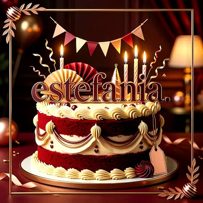 Tarta de cumpleaños roja y crema con velas encendidas, guirnaldas y el nombre Estefania escrito al frente con letras grandes.