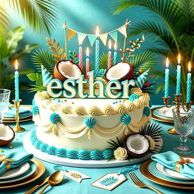Tarta de cumpleaños blanca con adornos en color turquesa, velas encendidas, cocos y el nombre Esther en letras grandes al frente.