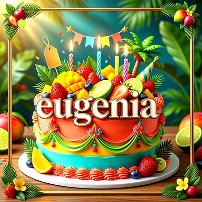 Tarta de cumpleaños tropical decorada con fresas, mangos, limas y velas encendidas, con el nombre Eugenia en letras blancas.