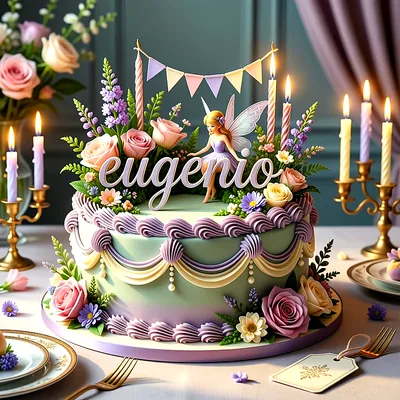 Tarta de cumpleaños decorada en tonos pastel con flores rosas, un hada y velas encendidas con el nombre Eugenio al centro.