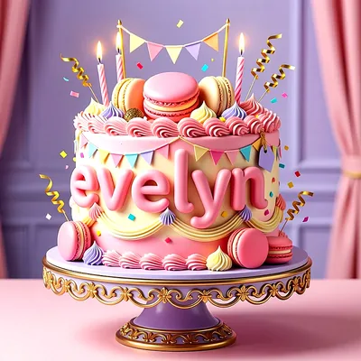 Tarta de cumpleaños rosa con macarons, banderines coloridos, velas encendidas y el nombre Evelyn escrito con letras grandes en el frente.