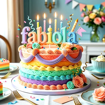 Tarta de cumpleaños multicolor decorada con flores de crema, velas encendidas y el nombre Fabiola escrito en la parte superior en letras de colores pastel.