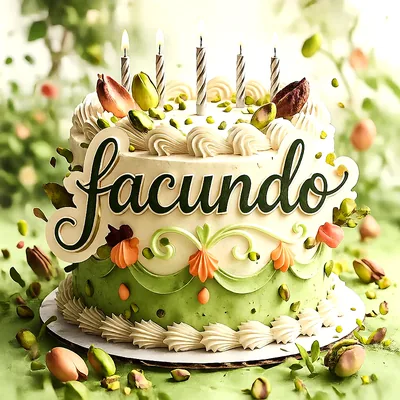 Tarta de cumpleaños blanca y verde decorada con pistachos y velas encendidas, con el nombre Facundo escrito en letras grandes y elegantes sobre el centro del pastel.