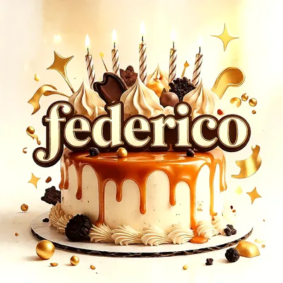 Tarta de cumpleaños blanca con cobertura dorada de caramelo, velas encendidas y el nombre Federico escrito en letras grandes sobre el pastel.