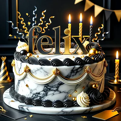 Tarta de cumpleaños elegante con efecto mármol blanco y negro, decorada con detalles dorados y velas encendidas, con el nombre Felix destacado en letras grandes.