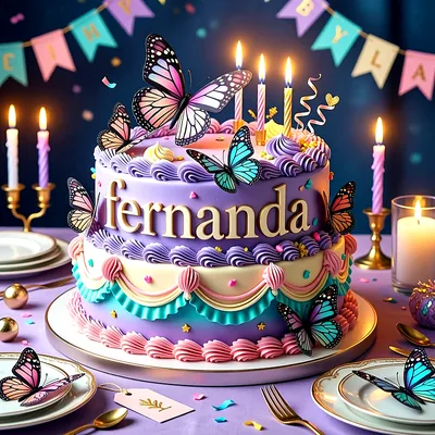 Tarta de cumpleaños de dos pisos lila y rosa con mariposas de colores y velas encendidas, con el nombre Fernanda al frente.