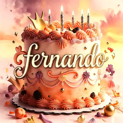 Tarta de cumpleaños rosa con corona dorada y velas encendidas, con el nombre Fernando escrito en letras grandes doradas al frente.