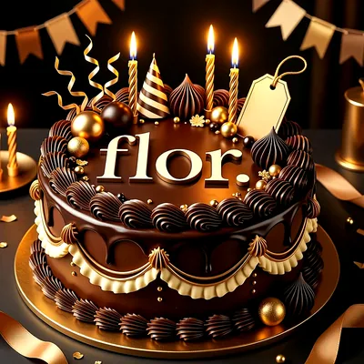 Tarta de cumpleaños de chocolate oscuro con velas encendidas, detalles dorados y el nombre Flor escrito en el centro.