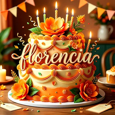Tarta de cumpleaños de dos pisos en tonos naranja y crema con flores grandes, velas encendidas y el nombre Florencia escrito en letras elegantes sobre el pastel.